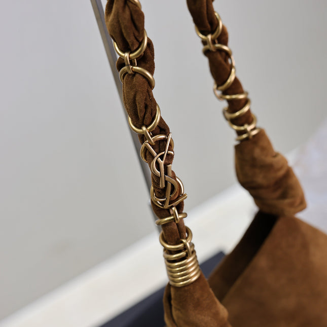 YSL 25S AMALIA 50 IN DARK CARAMEL SUEDE GOLD HARDWARE