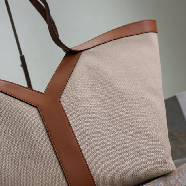 YSL 25S Y TOTE 50 IN BROWN BEIGE CANVAS AND CALFSKIN