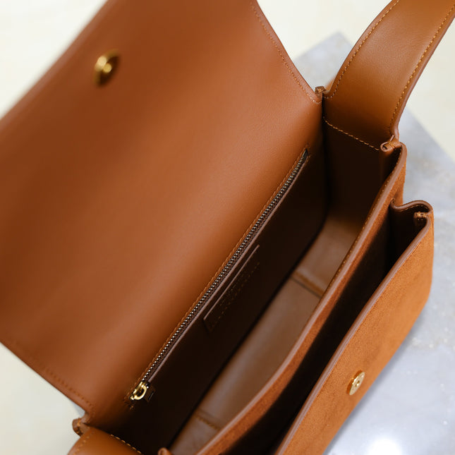 YSL 25S NIKI SATCHEL 22 IN DARK CARAMEL SUEDE GOLD HARDWARE