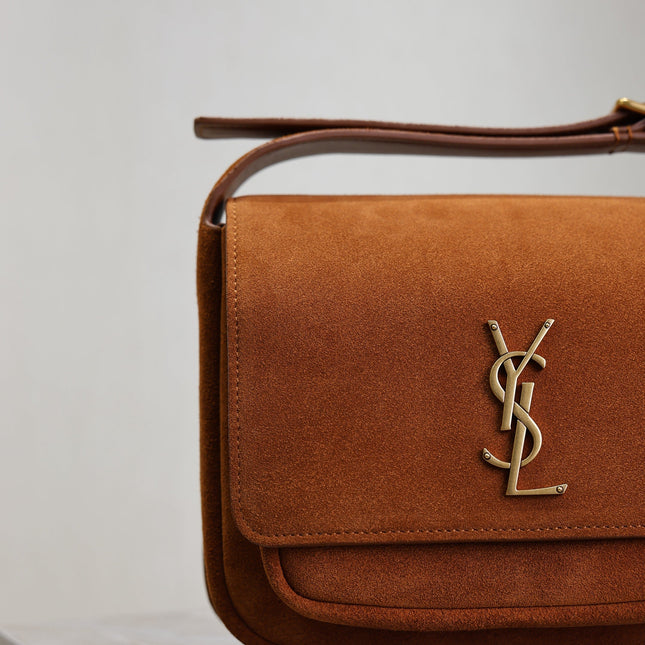 YSL 25S NIKI SATCHEL 22 IN DARK CARAMEL SUEDE GOLD HARDWARE
