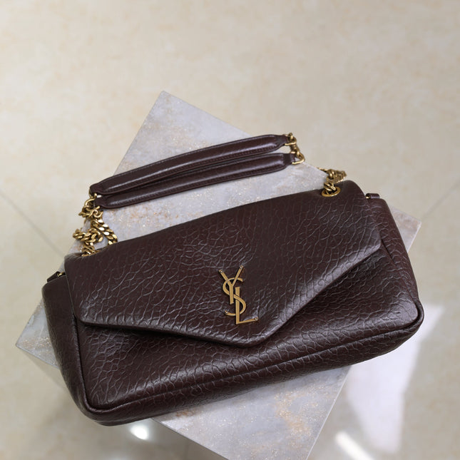YSL 25S CALYPSO 30 IN DARK CHOCOLATE GRAINED CALFSKIN GOLD HARDWARE