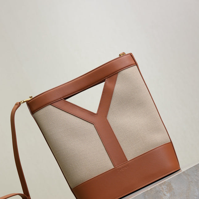 YSL 25S Y SMALL BUCKET 29 IN DESERT DUST AND BRICK CANVAS GOLD HARDWARE