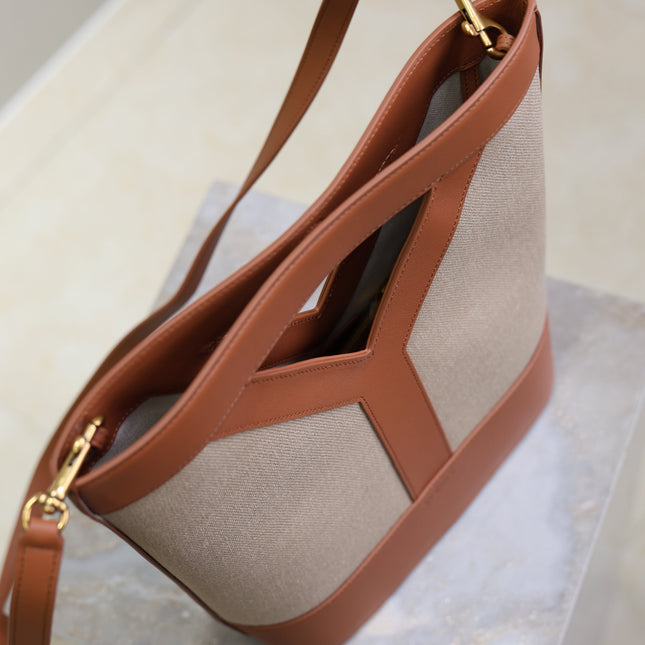 YSL 25S Y SMALL BUCKET 29 IN DESERT DUST AND BRICK CANVAS GOLD HARDWARE