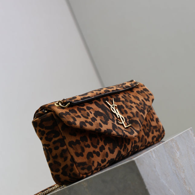 YSL 25S CALYPSO HANDBAG 26 IN BROWN LEOPARD PRINT VELVET GOLD HARDWARE