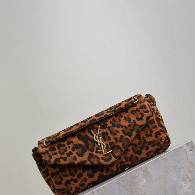 YSL 25S CALYPSO HANDBAG 26 IN BROWN LEOPARD PRINT VELVET GOLD HARDWARE