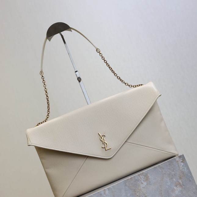 YSL 25S CASSANDRE ENVELOPE MESSENGER 35 IN BLANC VINTAGE LAMBSKIN GOLD HARDWARE