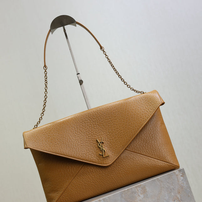 YSL 25S CASSANDRE ENVELOPE MESSENGER 35 IN GOLDEN BROWN LAMBSKIN GOLD HARDWARE