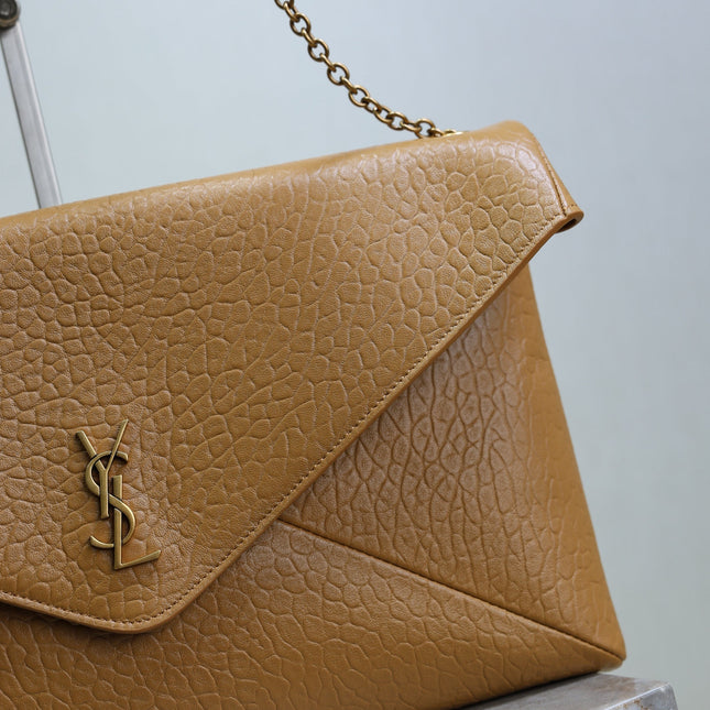 YSL 25S CASSANDRE ENVELOPE MESSENGER 35 IN GOLDEN BROWN LAMBSKIN GOLD HARDWARE