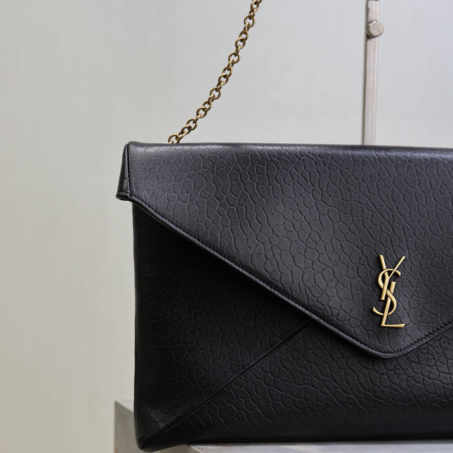 YSL 25S CASSANDRE ENVELOPE MESSENGER 35 IN BLACK LAMBSKIN GOLD HARDWARE