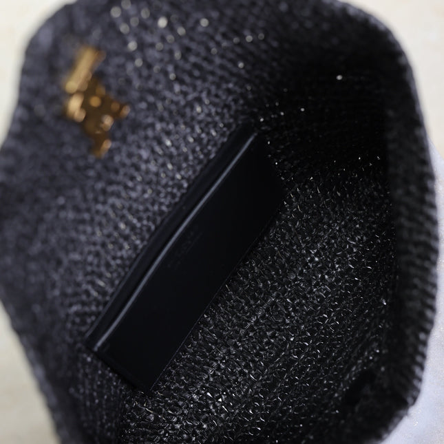 YSL 25S CASSANDRE LARGE ENVELOPE POUCH 29 IN BLACK RAFFIA GOLD HARDWARE