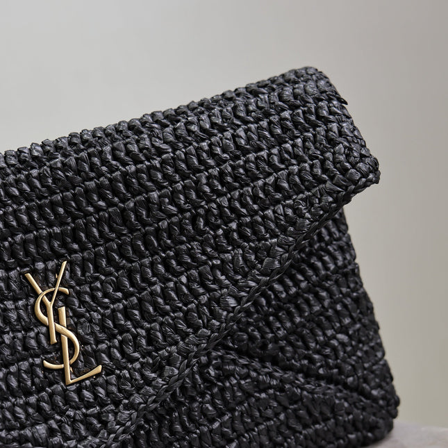 YSL 25S CASSANDRE LARGE ENVELOPE POUCH 29 IN BLACK RAFFIA GOLD HARDWARE