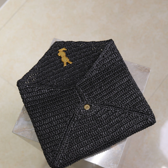YSL 25S CASSANDRE LARGE ENVELOPE POUCH 29 IN BLACK RAFFIA GOLD HARDWARE