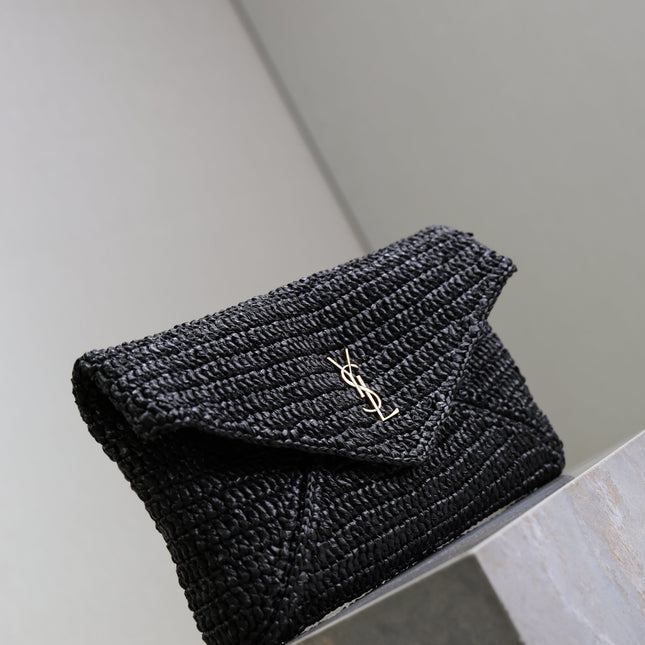 YSL 25S CASSANDRE LARGE ENVELOPE POUCH 29 IN BLACK RAFFIA GOLD HARDWARE