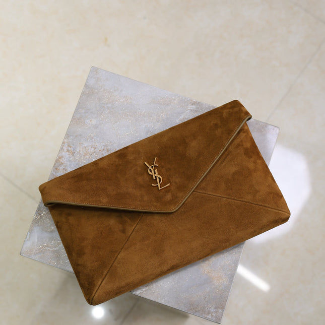 YSL 25S CASSANDRE LARGE ENVELOPE POUCH 29 IN BURNT UMBER SUEDE GOLD HARDWARE
