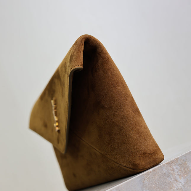 YSL 25S CASSANDRE LARGE ENVELOPE POUCH 29 IN BURNT UMBER SUEDE GOLD HARDWARE