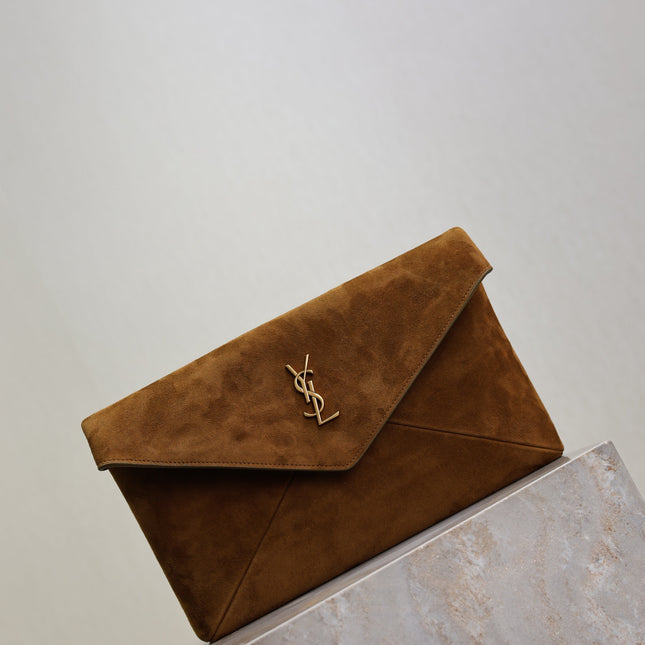 YSL 25S CASSANDRE LARGE ENVELOPE POUCH 29 IN BURNT UMBER SUEDE GOLD HARDWARE