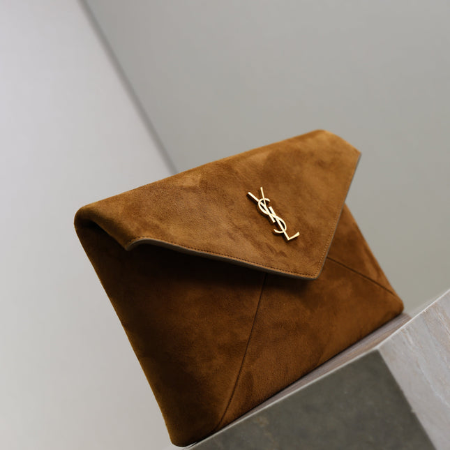 YSL 25S CASSANDRE LARGE ENVELOPE POUCH 29 IN BURNT UMBER SUEDE GOLD HARDWARE