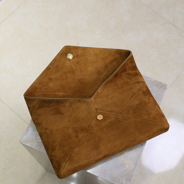 YSL 25S CASSANDRE LARGE ENVELOPE POUCH 29 IN BURNT UMBER SUEDE GOLD HARDWARE