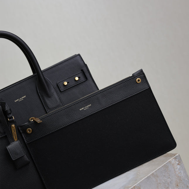 YSL 25S SAC DE JOUR GM 32 IN BLACK SUPPLE GRAINED CALFSKIN GOLD HARDWARE