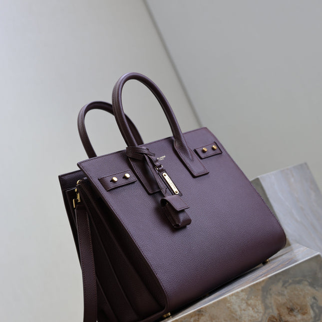 YSL 25S SAC DE JOUR GM 32 IN ROUGE CABERNET SUPPLE GRAINED CALFSKIN