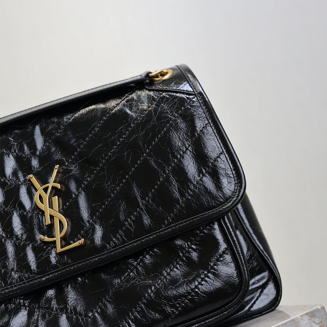 YSL 25S NIKI GM BAG 32 IN BLACK GLOSSY CALFSKIN GOLD HARDWARE