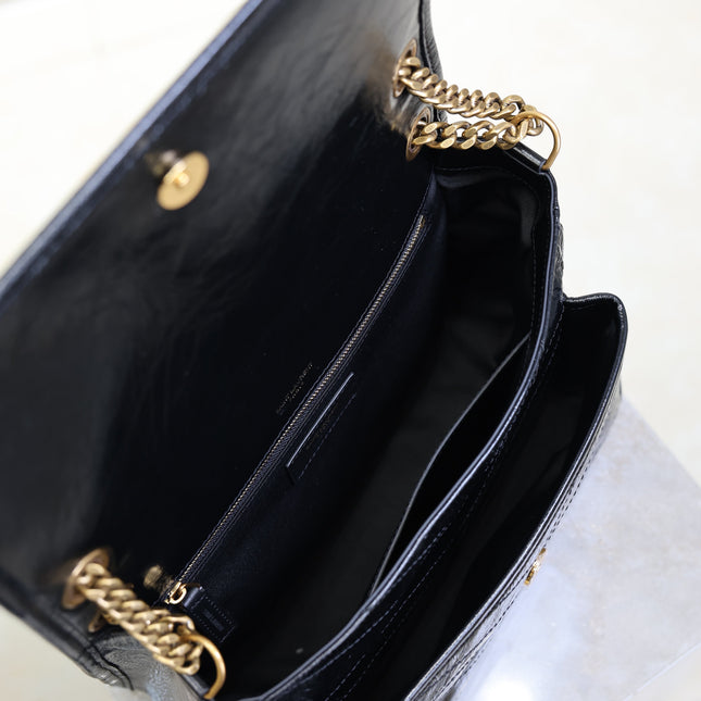 YSL 25S NIKI MM BAG 28 IN BLACK GLOSSY CALFSKIN GOLD HARDWARE