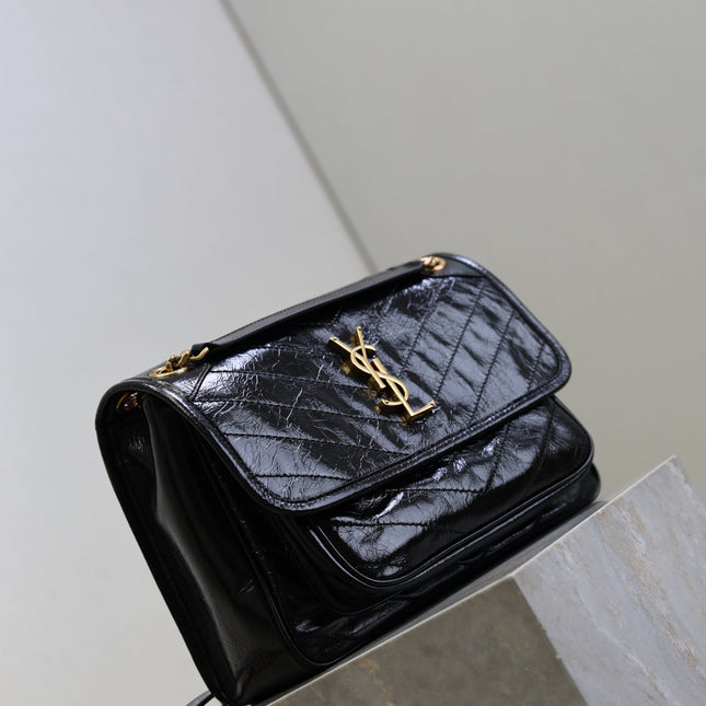 YSL 25S NIKI MM BAG 28 IN BLACK GLOSSY CALFSKIN GOLD HARDWARE