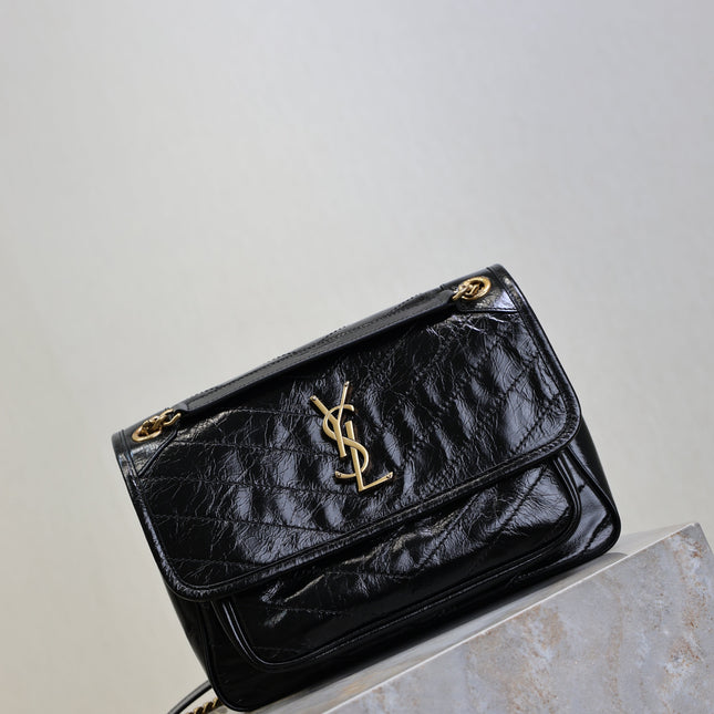 YSL 25S NIKI MM BAG 28 IN BLACK GLOSSY CALFSKIN GOLD HARDWARE