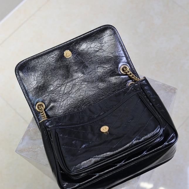 YSL 25S NIKI MM BAG 28 IN BLACK GLOSSY CALFSKIN GOLD HARDWARE