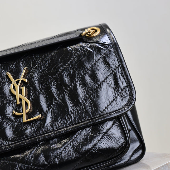YSL 25S NIKI MM BAG 28 IN BLACK GLOSSY CALFSKIN GOLD HARDWARE