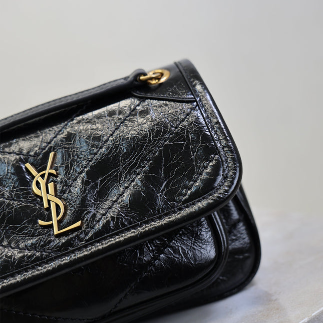 YSL 25S NIKI BAG 18 IN BLACK GLOSSY CALFSKIN GOLD HARDWARE