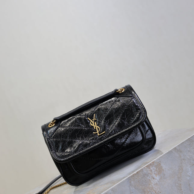 YSL 25S NIKI BAG 18 IN BLACK GLOSSY CALFSKIN GOLD HARDWARE