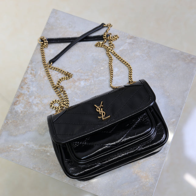 YSL 25S NIKI BAG 18 IN BLACK GLOSSY CALFSKIN GOLD HARDWARE