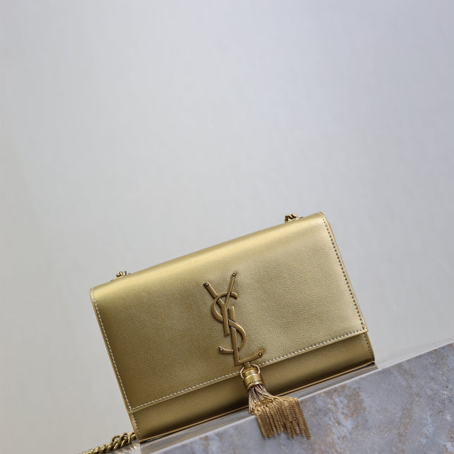 YSL 25S KATE TASSEL 20 IN GOLD METALLIC CALFSKIN GOLD HARDWARE