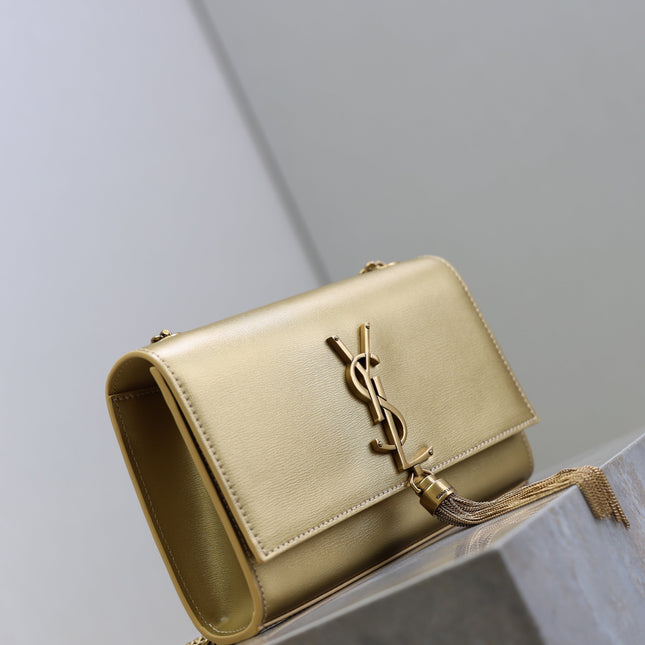 YSL 25S KATE TASSEL 20 IN GOLD METALLIC CALFSKIN GOLD HARDWARE