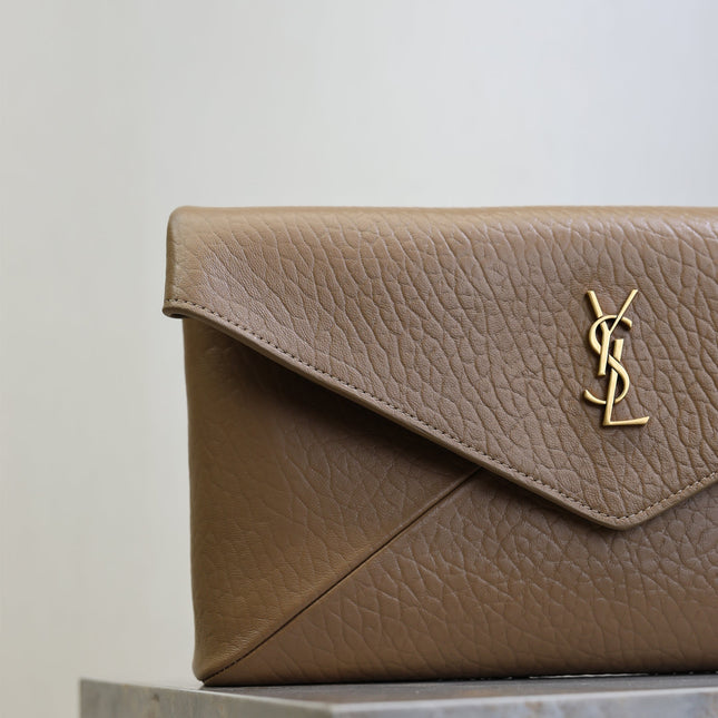 YSL 25S CASSANDRE LARGE ENVELOPE POUCH 29 IN DARK TAUPE CALFSKIN GOLD HARDWARE