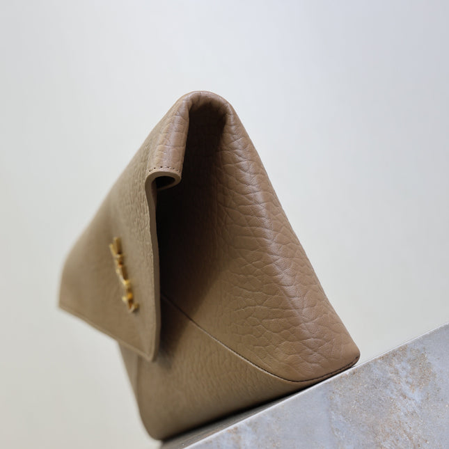 YSL 25S CASSANDRE LARGE ENVELOPE POUCH 29 IN DARK TAUPE CALFSKIN GOLD HARDWARE