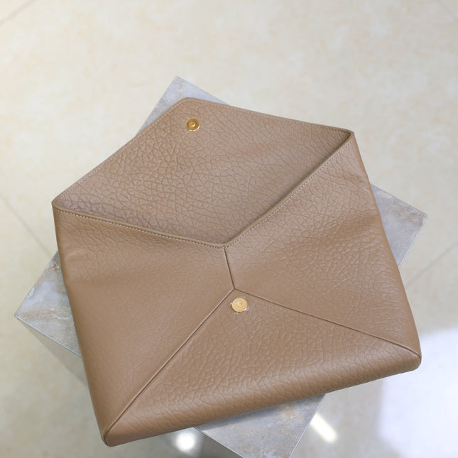 YSL 25S CASSANDRE LARGE ENVELOPE POUCH 29 IN DARK TAUPE CALFSKIN GOLD HARDWARE