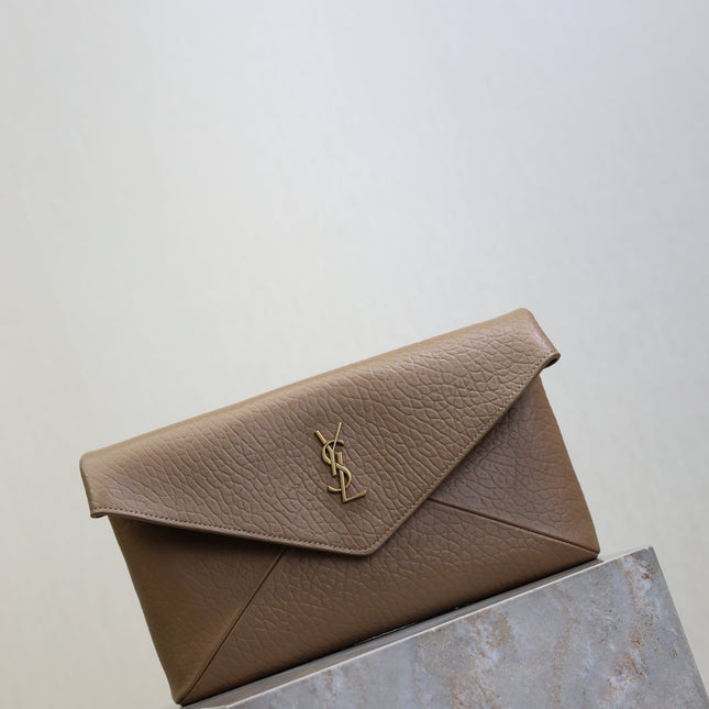 YSL 25S CASSANDRE LARGE ENVELOPE POUCH 29 IN DARK TAUPE CALFSKIN GOLD HARDWARE