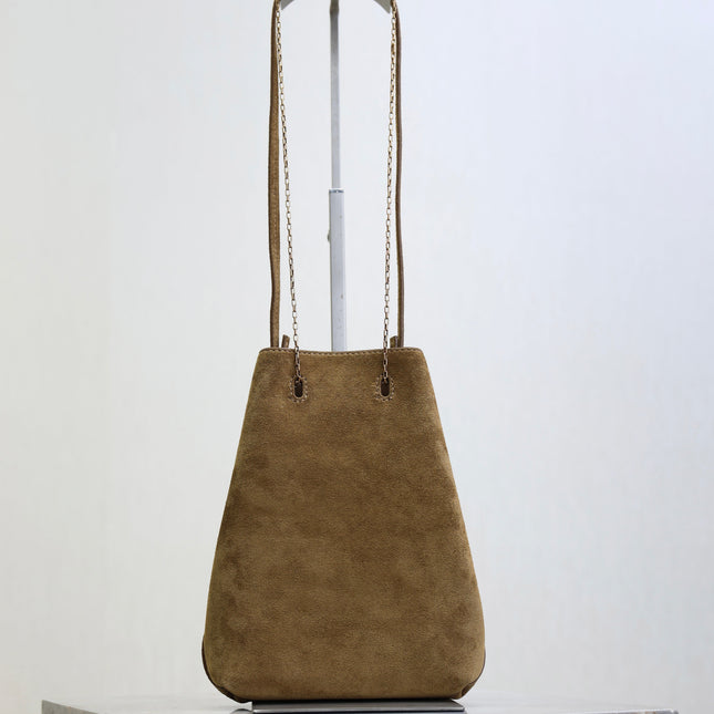 YSL 25S POCHON BAG 24 IN CARAMEL COGNAC SUEDE GOLD HARDWARE