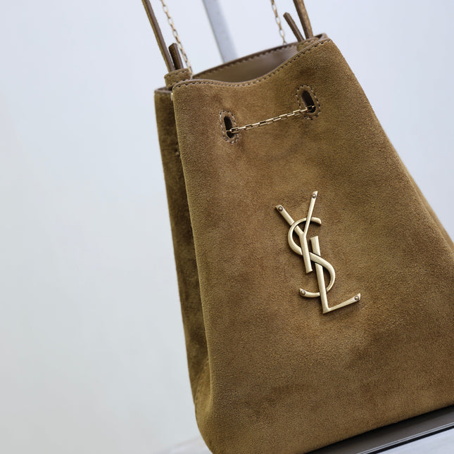 YSL 25S POCHON BAG 24 IN CARAMEL COGNAC SUEDE GOLD HARDWARE