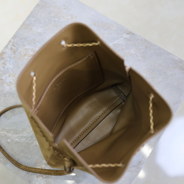 YSL 25S POCHON BAG 24 IN CARAMEL COGNAC SUEDE GOLD HARDWARE