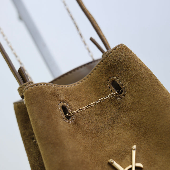 YSL 25S POCHON BAG 24 IN CARAMEL COGNAC SUEDE GOLD HARDWARE