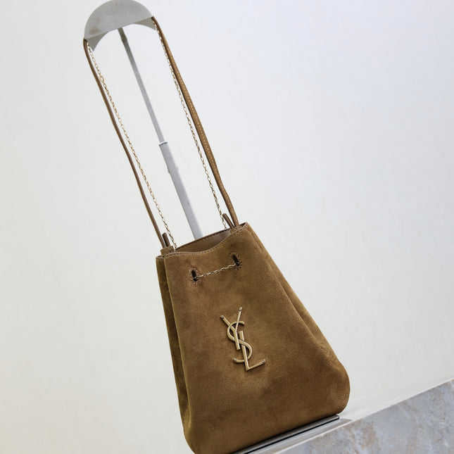 YSL 25S POCHON BAG 24 IN CARAMEL COGNAC SUEDE GOLD HARDWARE