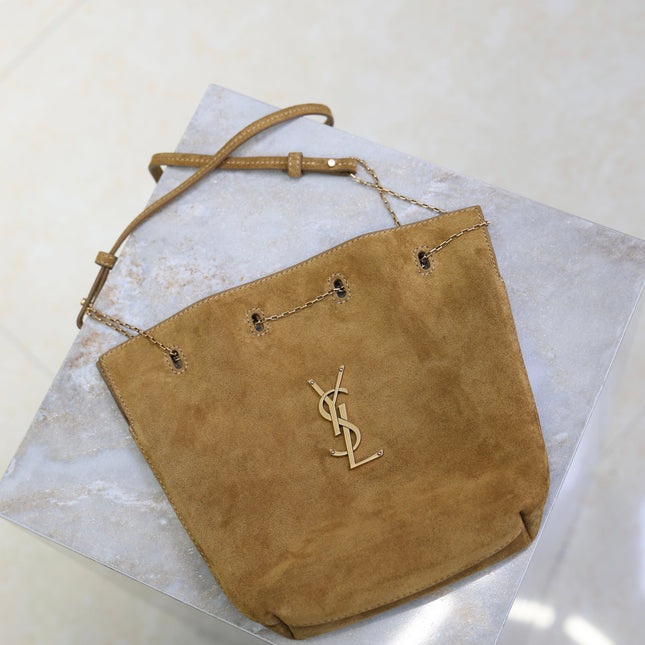 YSL 25S POCHON BAG 24 IN CARAMEL COGNAC SUEDE GOLD HARDWARE