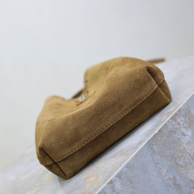 YSL 25S POCHON BAG 24 IN CARAMEL COGNAC SUEDE GOLD HARDWARE