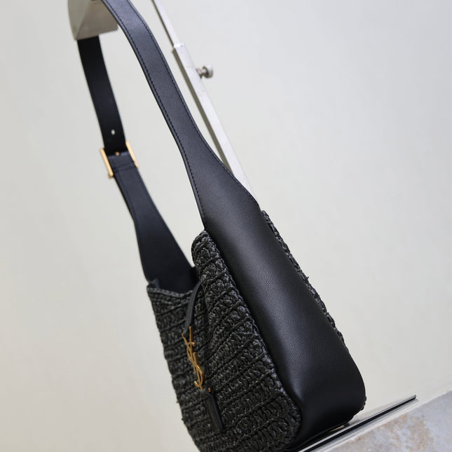 YSL 25S LE 5 À 7 SUPPLE SMALL 16 IN BLACK RAFFIA AND LEATHER GOLD HARDWARE
