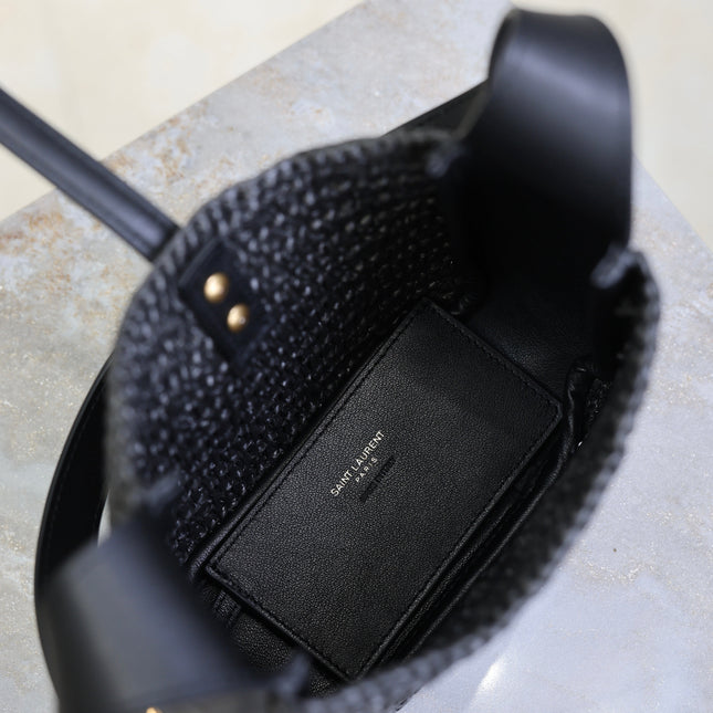 YSL 25S LE 5 À 7 SUPPLE SMALL 16 IN BLACK RAFFIA AND LEATHER GOLD HARDWARE