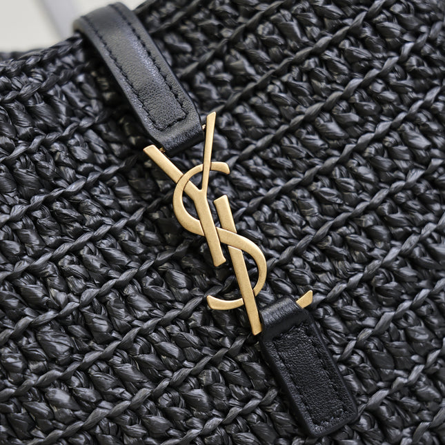 YSL 25S LE 5 À 7 SUPPLE SMALL 16 IN BLACK RAFFIA AND LEATHER GOLD HARDWARE
