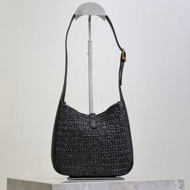 YSL 25S LE 5 À 7 SUPPLE SMALL 16 IN BLACK RAFFIA AND LEATHER GOLD HARDWARE